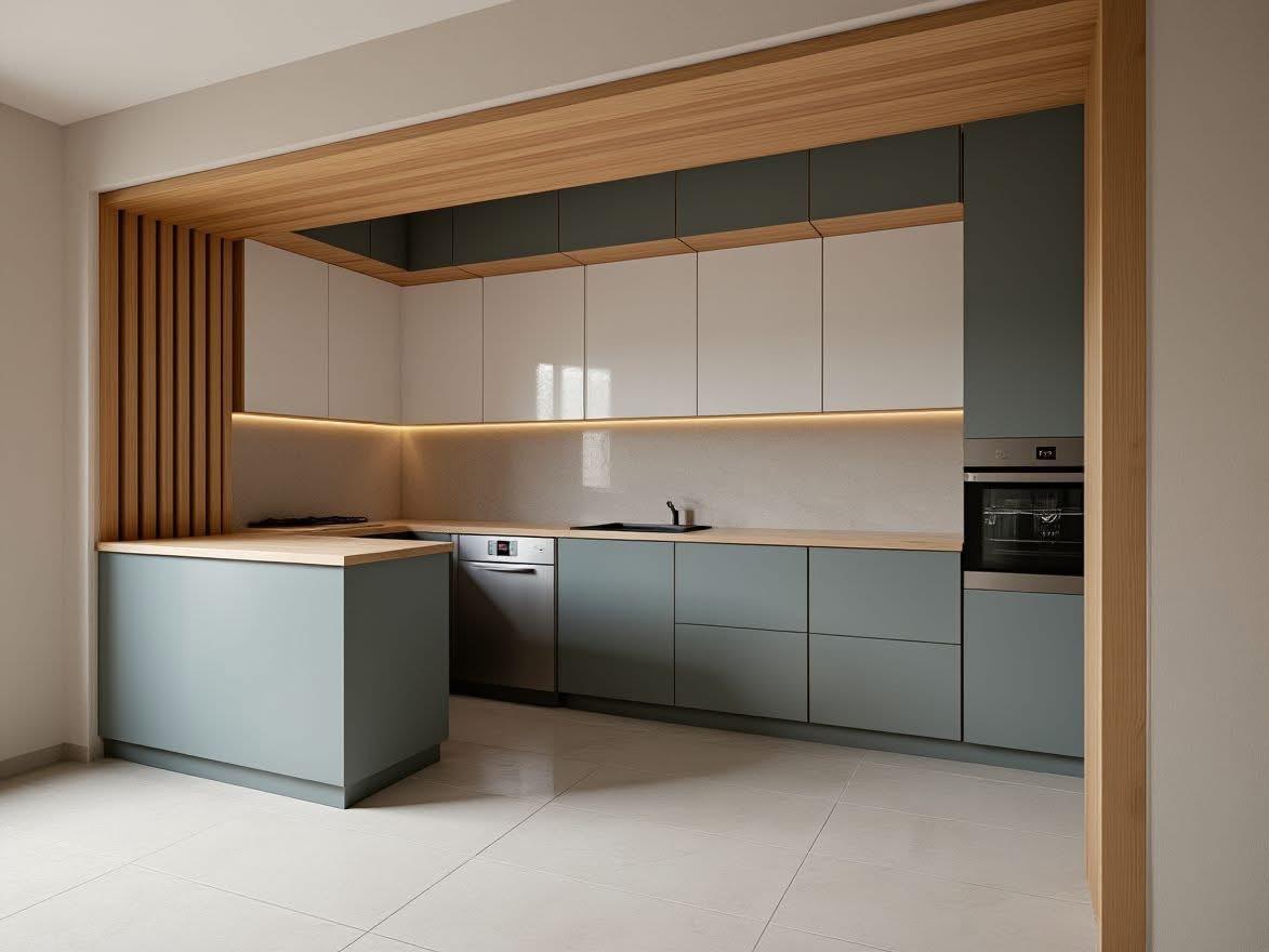 Ahşap Detaylı Modern Mutfak Tasarımı: Gri ve Beyazın Uyumlu Dansı